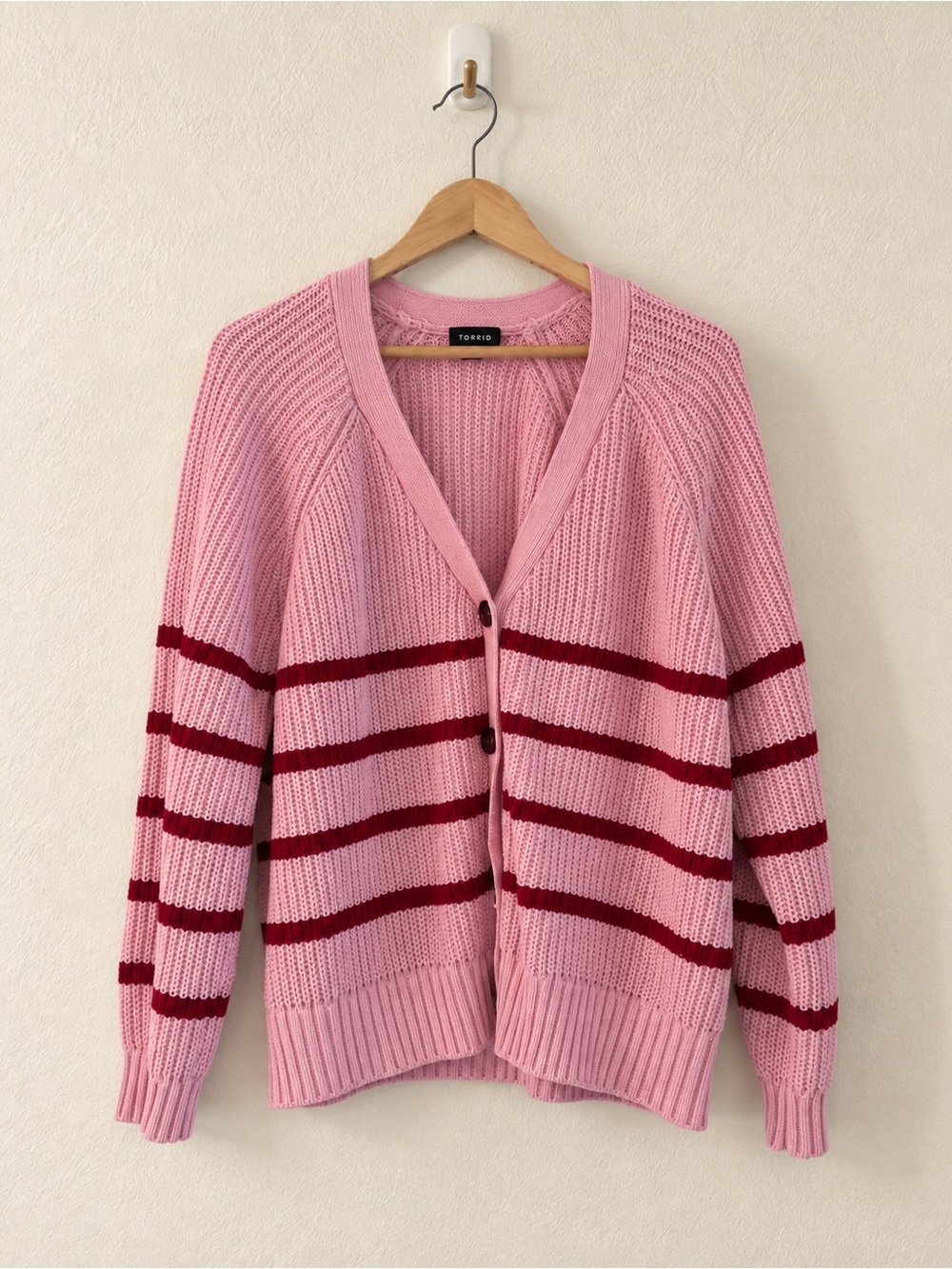 Torrid Pink Burgundy Striped Chunky Knit Cardigan Sweater